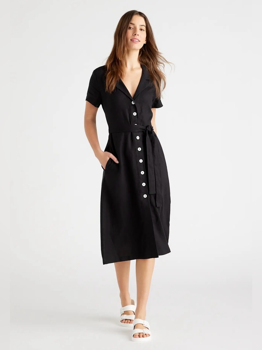 Quince Black Button-Front Linen Midi Shirt Dress